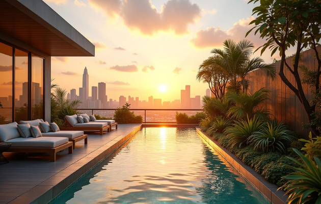 ogród na dachu z basenem oraz roślinami podczas zachodu słońca w dużym mieście
