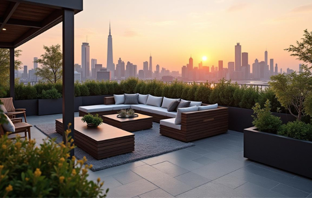 Ogród na dachu podczas zachodu słońca, luksusowe drewniane meble tarasowe w środku dużego miasta