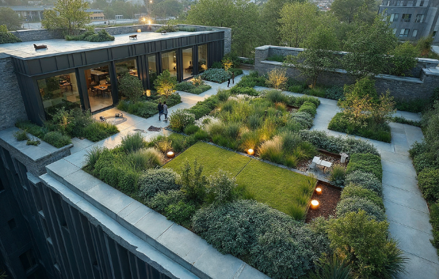 Ogród na dachu budynku. z restauracją, ludzie spacerujący po ogrodzie pełnym zieleni