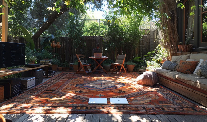 Patio w cieniu drzew z kanapą i dywanem