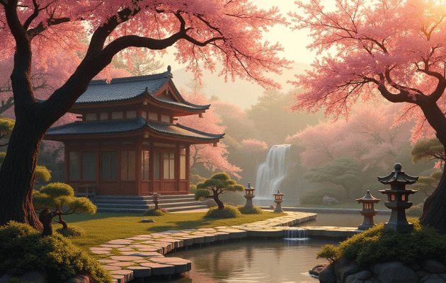 Ogród japoński o poranku, drzewka bonsai, mały wodospad oraz czerwony japoński domek otoczony drzewami z różowymi kwiatami