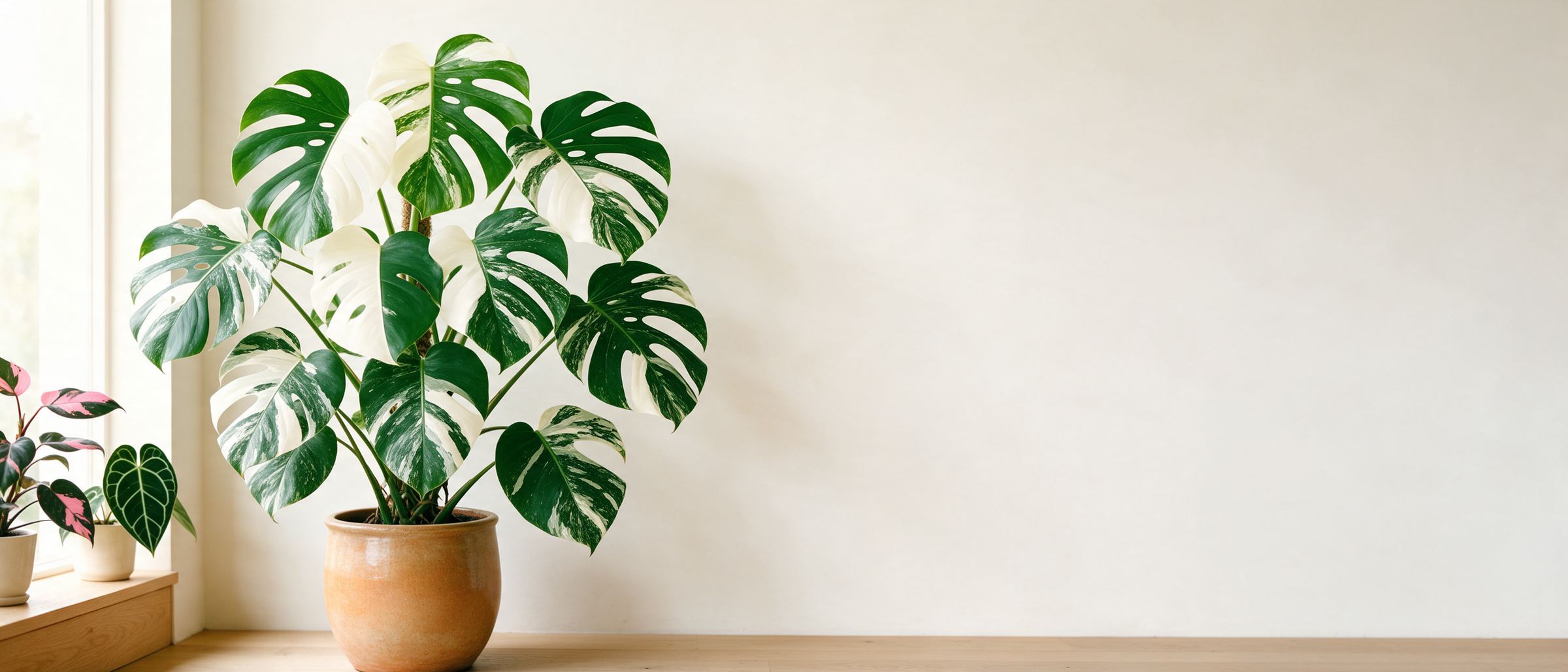 Monstera variegata o biało-zielonych liściach w glinianej donicy przy oknie